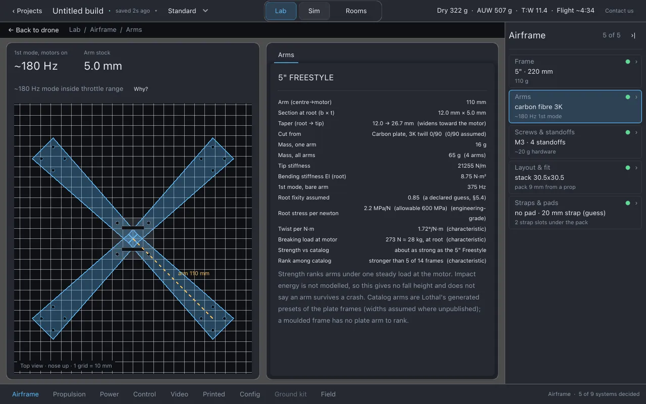 The Arms page with the new strength rows: Breaking load at motor, Strength vs catalog and Rank among catalog, with the footnote
