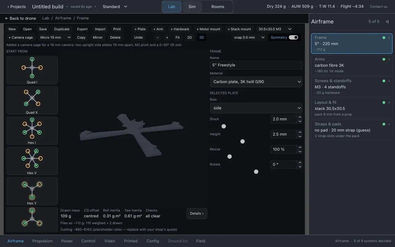 The frame designer just after a 19 mm camera cage was added: + Stack mount and + Camera cage with their pickers in the toolbar, the status line confirming the cage, and the cutting cost range under the numbers