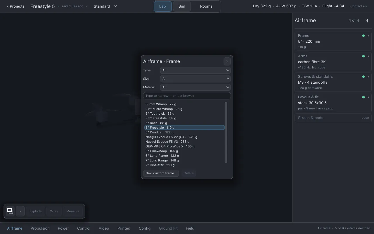 The part finder open on frames, with 5” Freestyle highlighted