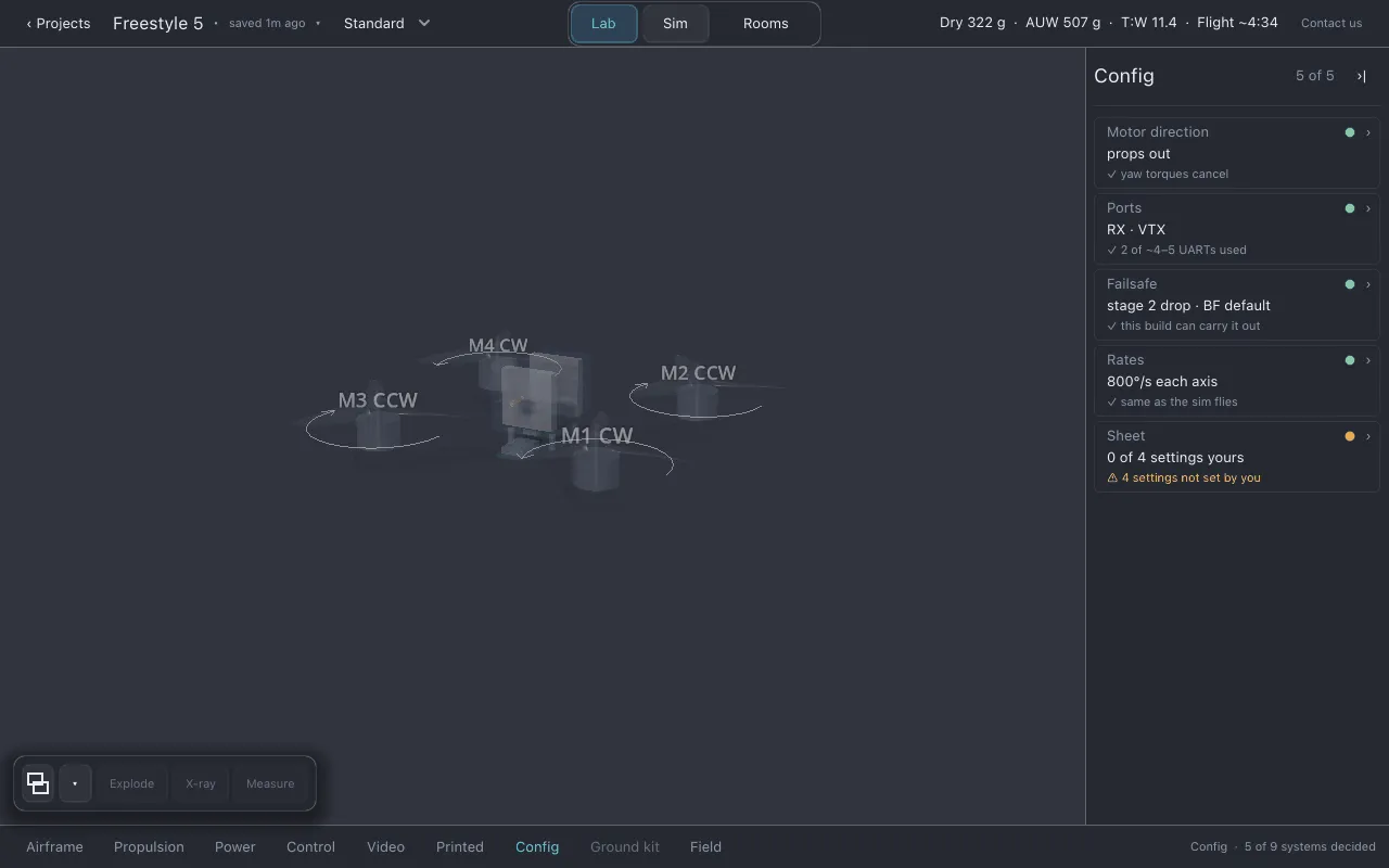 Config selected, the motor directions labelled on the drone and the five Config rows in the list