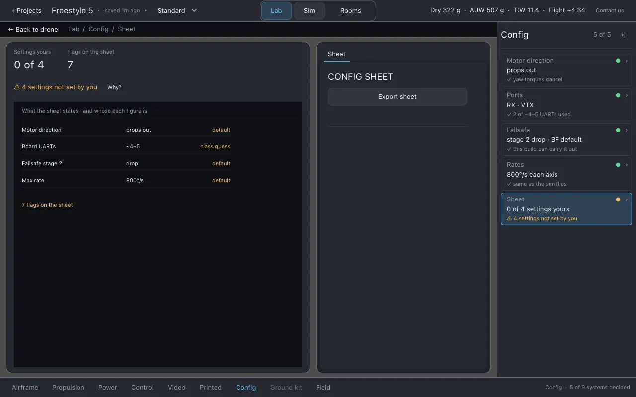 The Sheet page with the settings preview and the Export sheet button