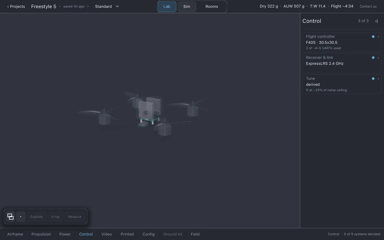 Control selected, with the flight controller stack lit and the Flight controller, Receiver & link and Tune rows