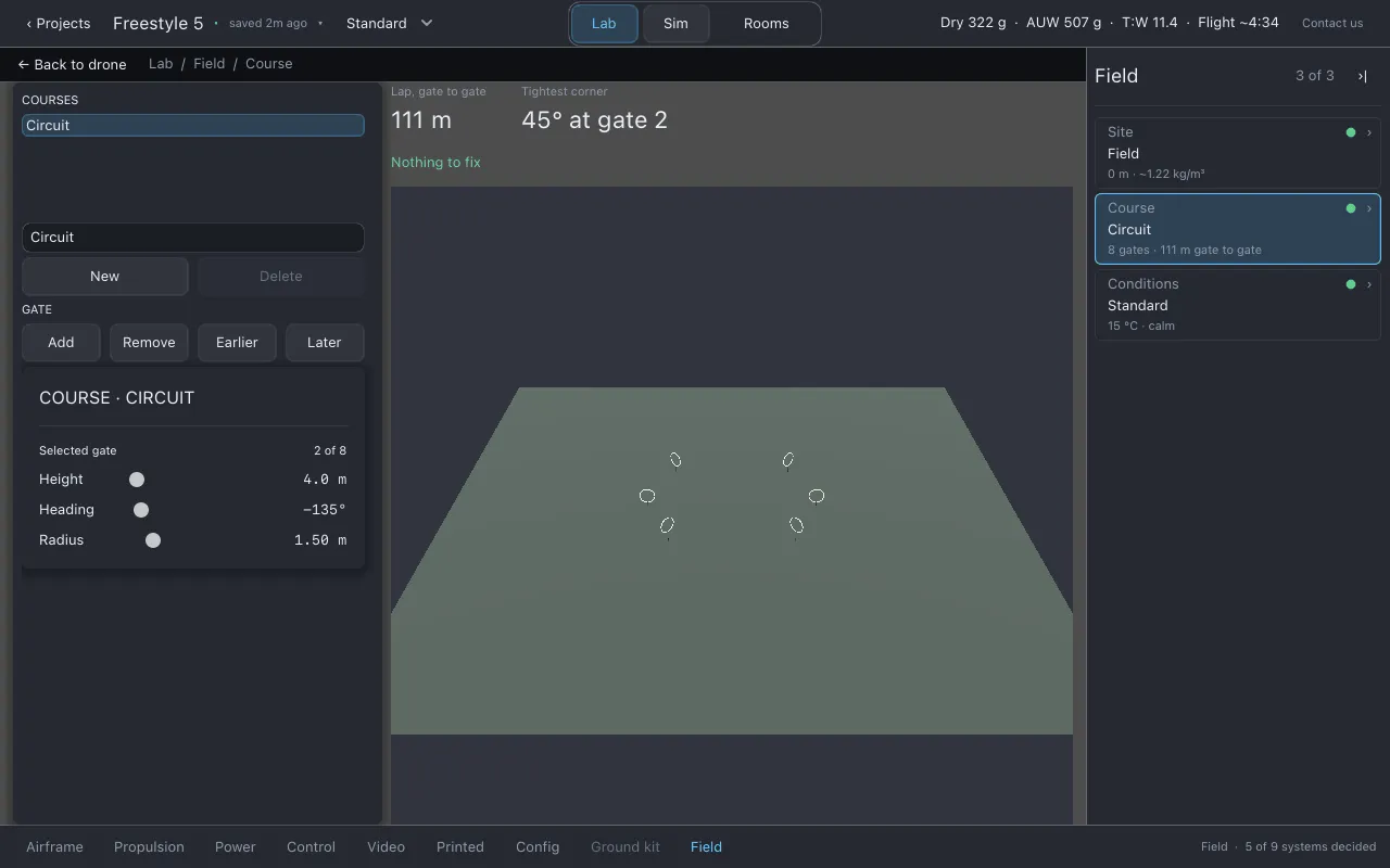 The Course page with the second gate selected and its height, heading and radius sliders