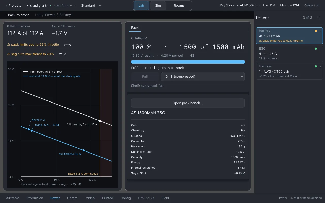 The Battery page with the sag chart on the left and the charger and Pack sheet on the right