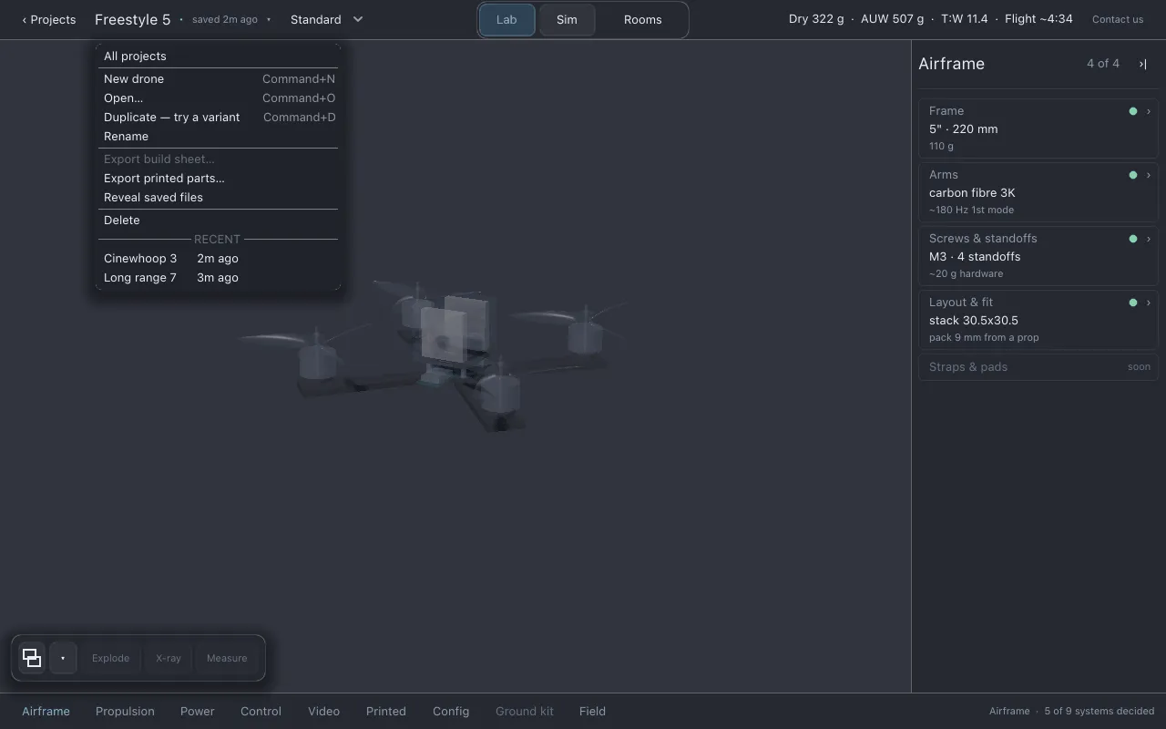 The project menu open under the drone name, with its shortcuts and two drones under RECENT
