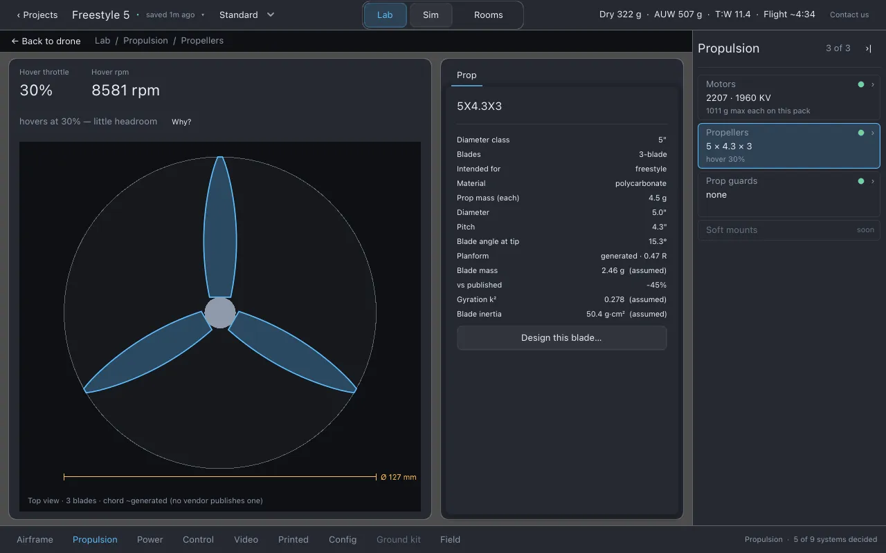 The Propellers page with the top-view blade drawing and the Prop sheet