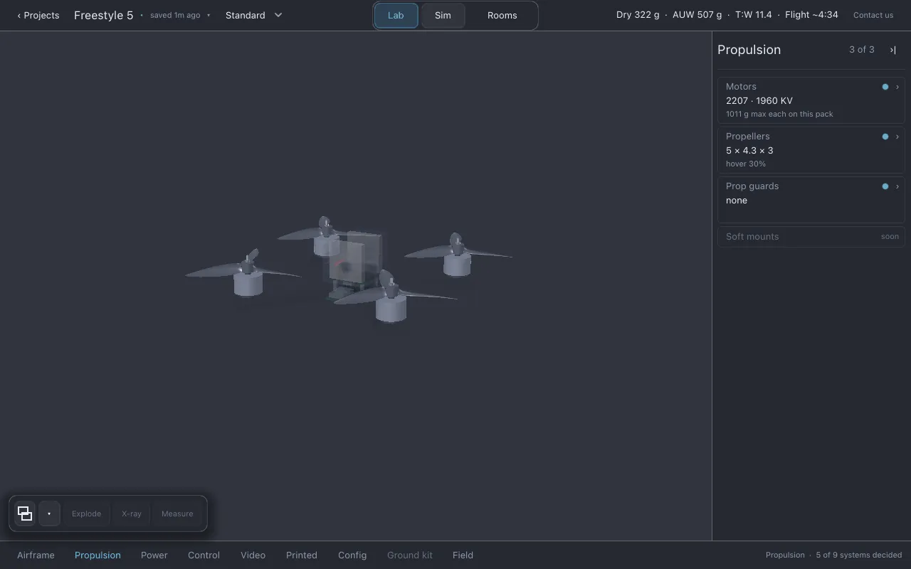 Propulsion selected, the motors and props lit and the Motors, Propellers and Prop guards rows