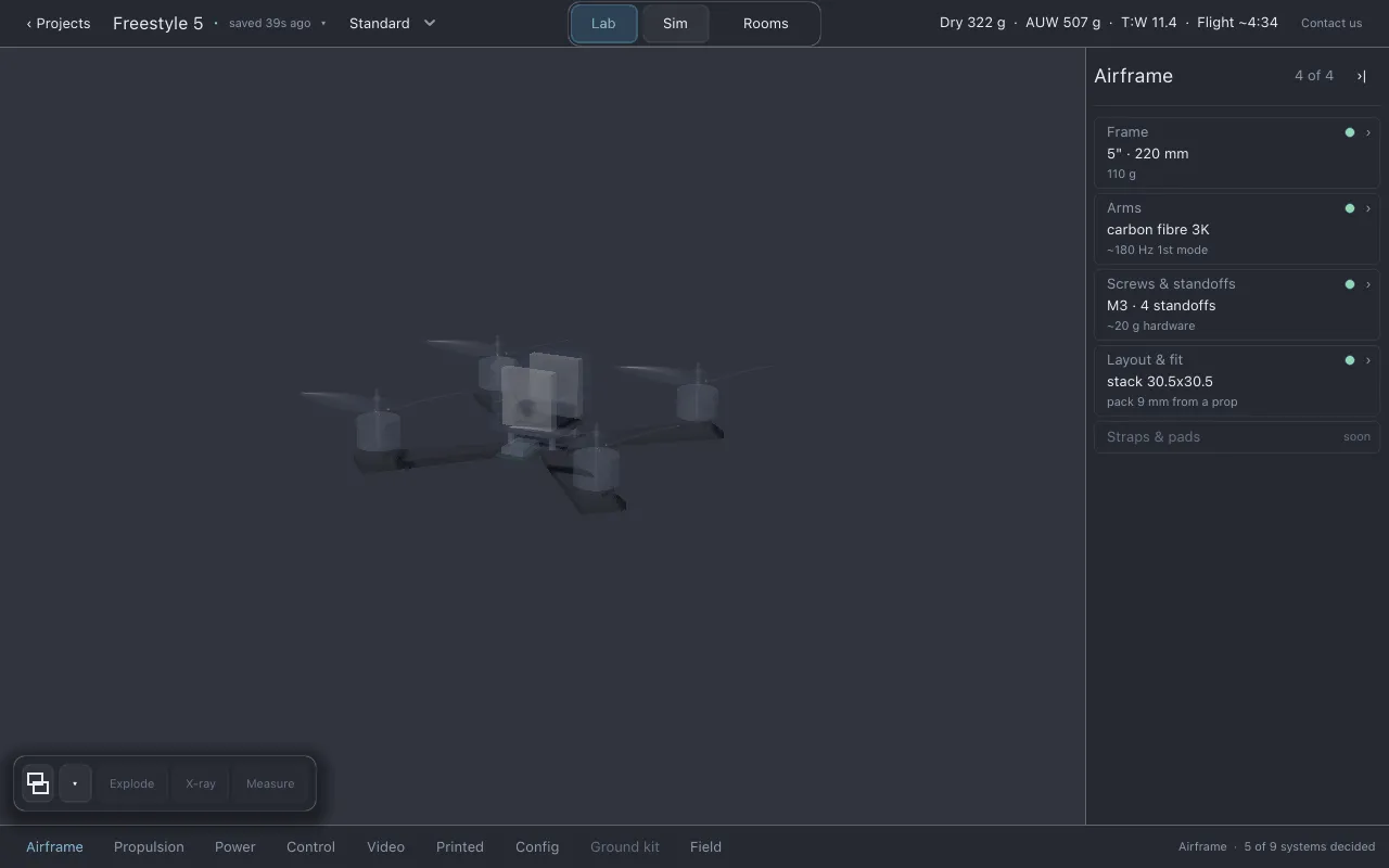 Airframe selected in the section row, the drone in the viewport and the Frame, Arms, Screws & standoffs, Layout & fit and Straps & pads rows in the list