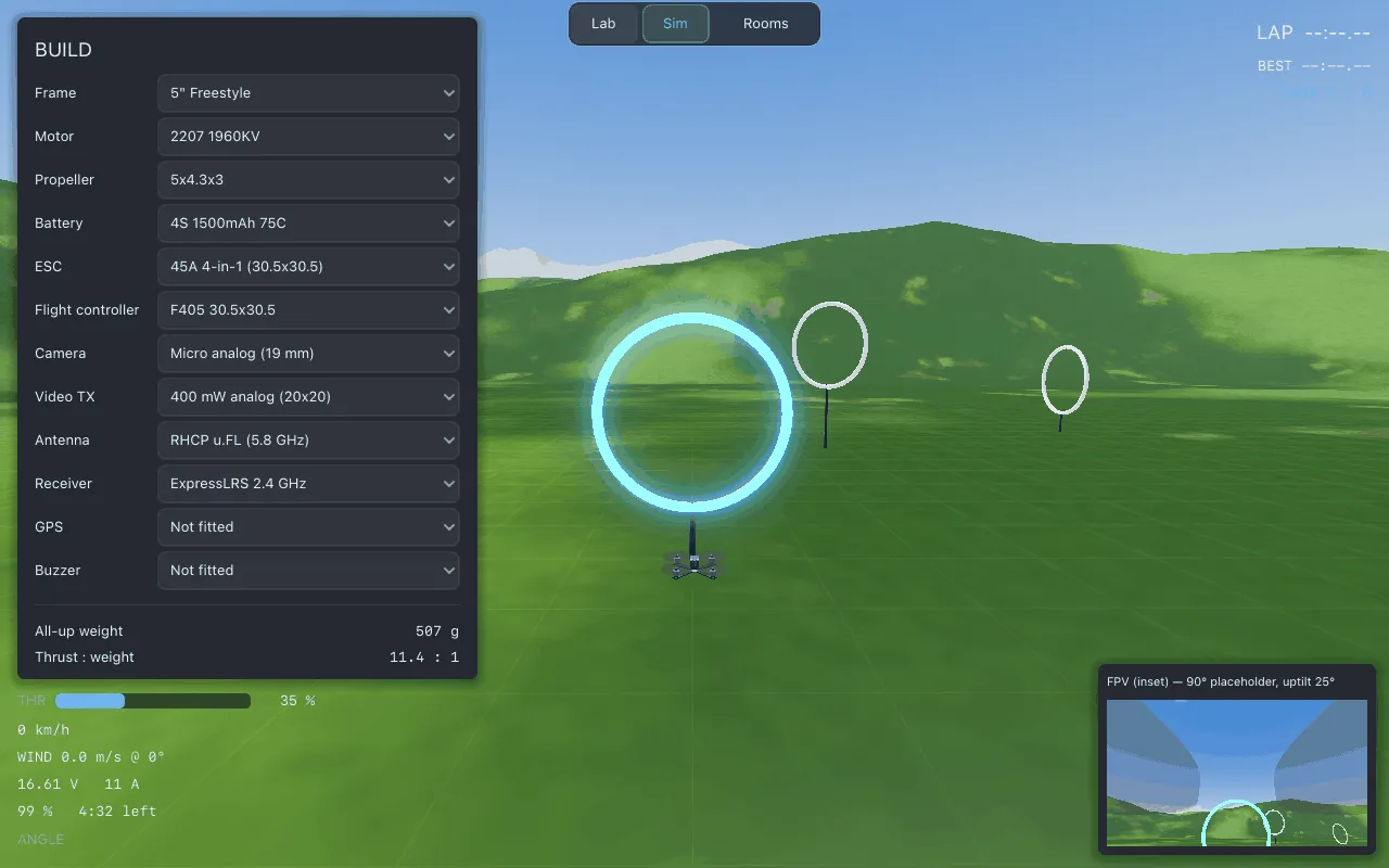 Sim in the chase view with the build panel, the HUD readouts and the FPV inset