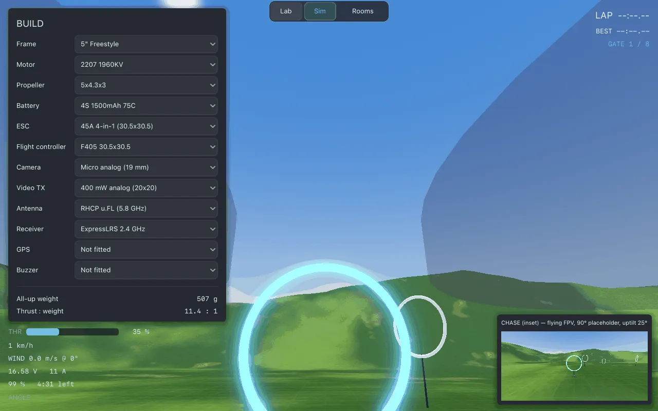 Sim with the FPV feed full screen and the chase view in the inset