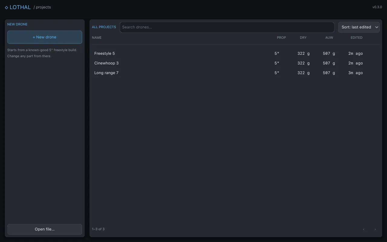 The Projects screen listing three saved drones, with + New drone on the left