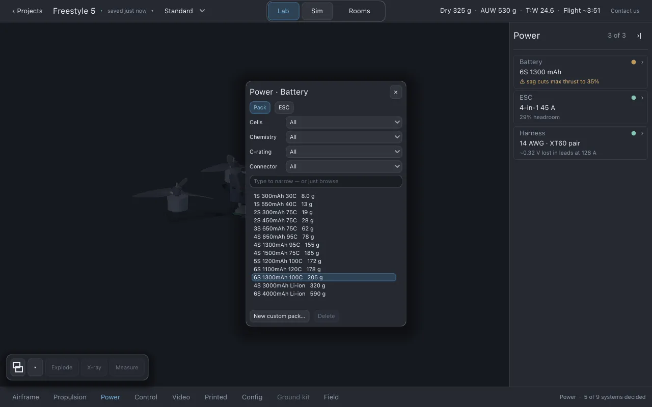 The part finder open on batteries over the dimmed drone, with 6S 1300mAh 100C highlighted