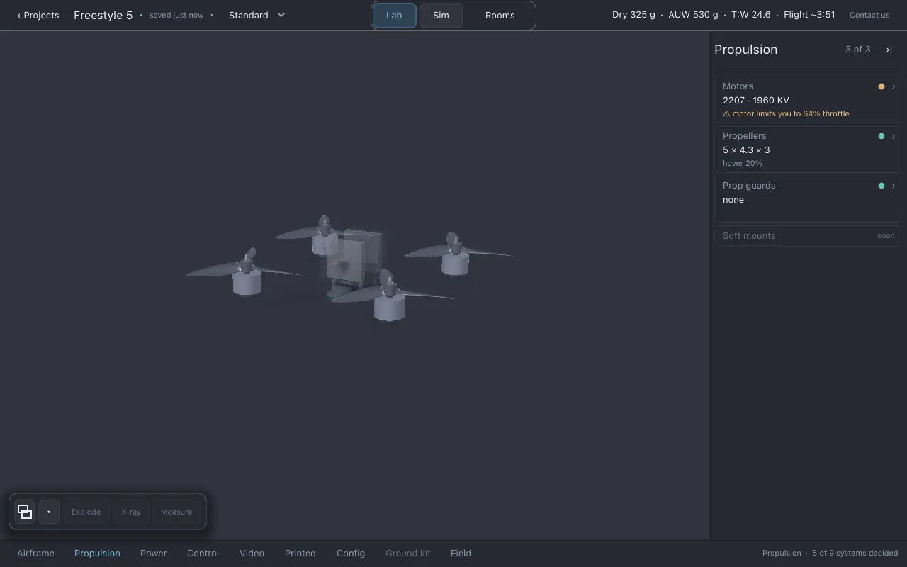 Propulsion selected after the 6S swap; the Propellers row reads hover 20% and the top bar shows the new numbers