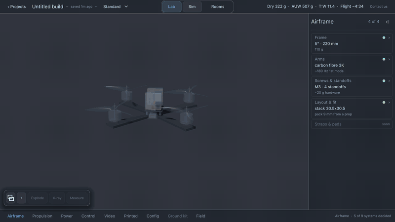 Lothal's garage turning a 5-inch build, then the Motors and Battery pages, then a run through the first gate in Sim.
